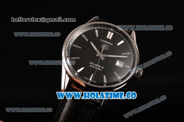 Tag Heuer Carrera Calibre 5 Automatic Swiss ETA 2824 Automatic Steel Case with Black Dial and Stick Markers - Click Image to Close